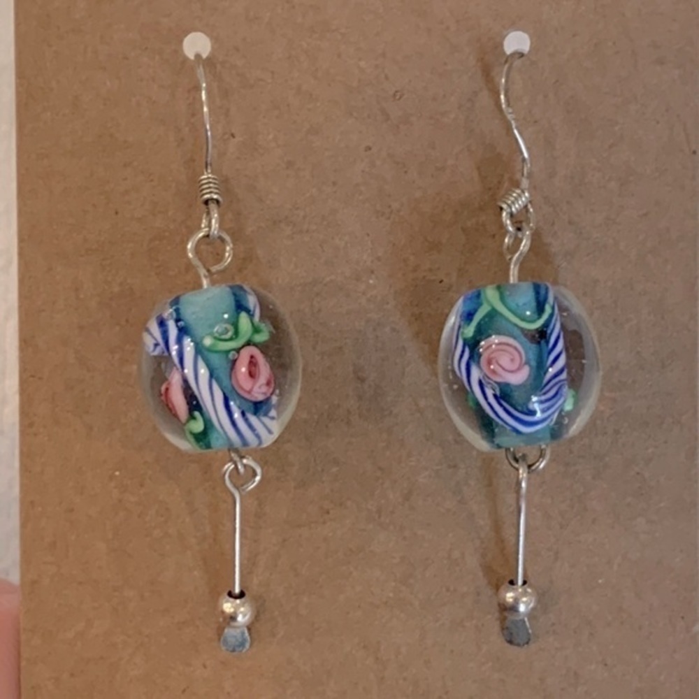 Sterling silver art glass pink rose glass ball bead dangle drop Victorian
